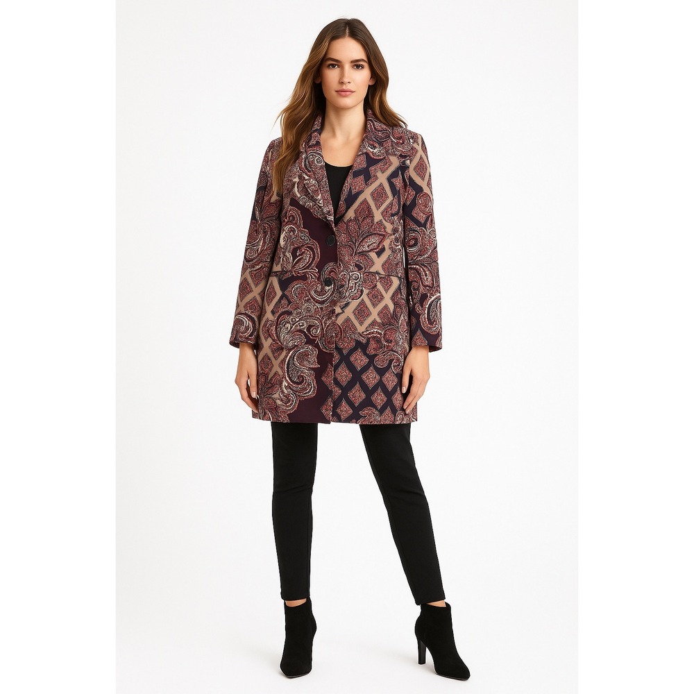 Chicos Coat Womens 0 S Purple Tan Paisley Patchwork Boho Chic Statement Artsy
